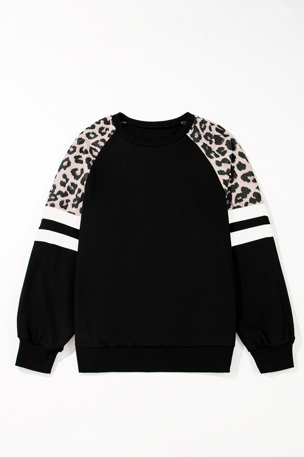 Black sweatshirt with leopard print sleeves on a white background
