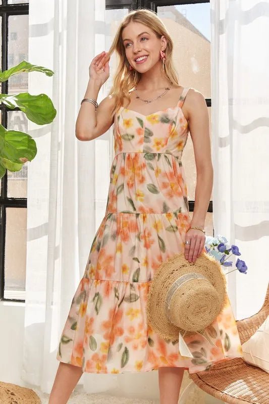 ADORA Smocked Back Floral Adjustable Strap Midi Dress in Tangerine - Nikki &amp; Co. Boutique