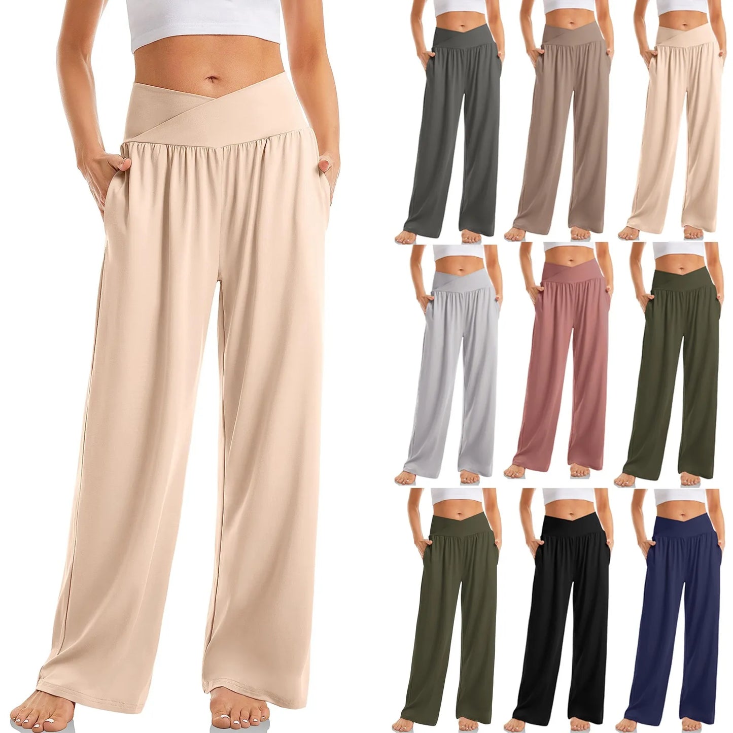 Women's High Waist Solid Color Casual Comfortable Elastic Waist Straight Trousers Wide Leg Sports Long Pants With Pockets