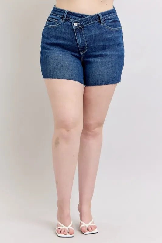Judy Blue Full Size High Waist Criss - Cross Waistband Denim Shorts in Dark Wash - Nikki &amp; Co. Boutique
