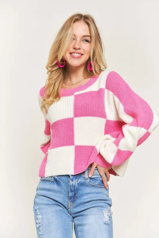 ADORA Plus Size Comfy Checkered Colorblock Sweater Top - Nikki &amp; Co. Boutique
