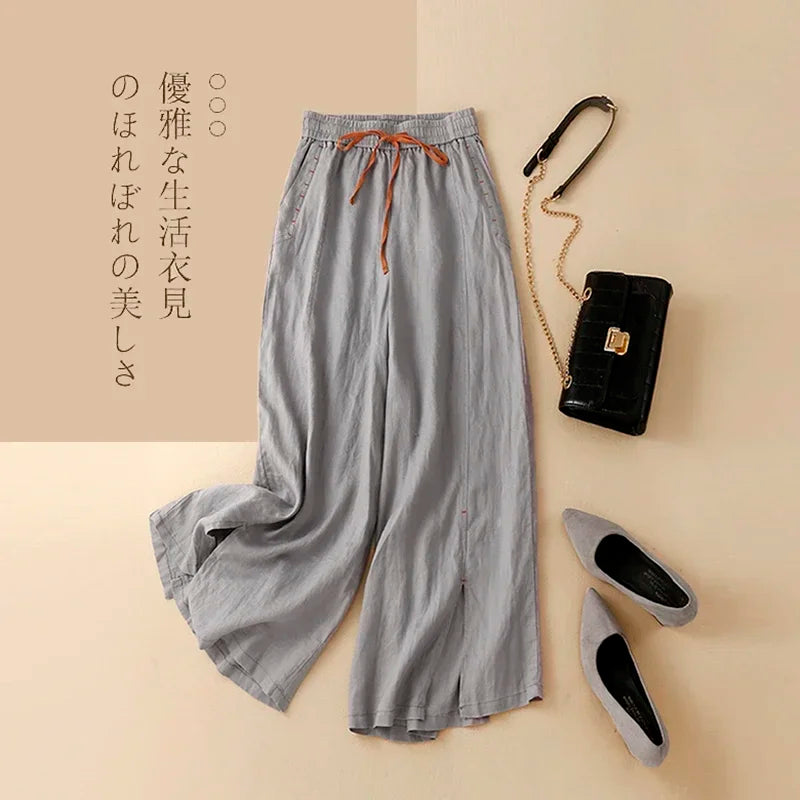 Gray Cotton Linen Casual Elastic High Waist Loose Wide Leg Women's Pants Ankle-Length Pants For Women Clothing Fashion