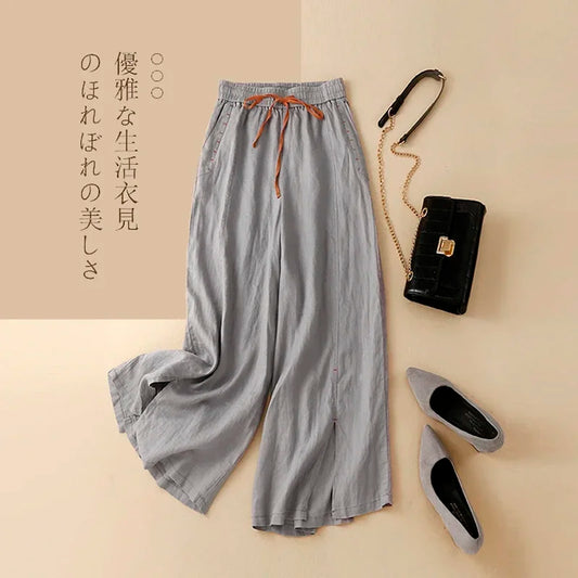 Gray Cotton Linen Casual Elastic High Waist Loose Wide Leg Women's Pants Ankle-Length Pants For Women Clothing Fashion