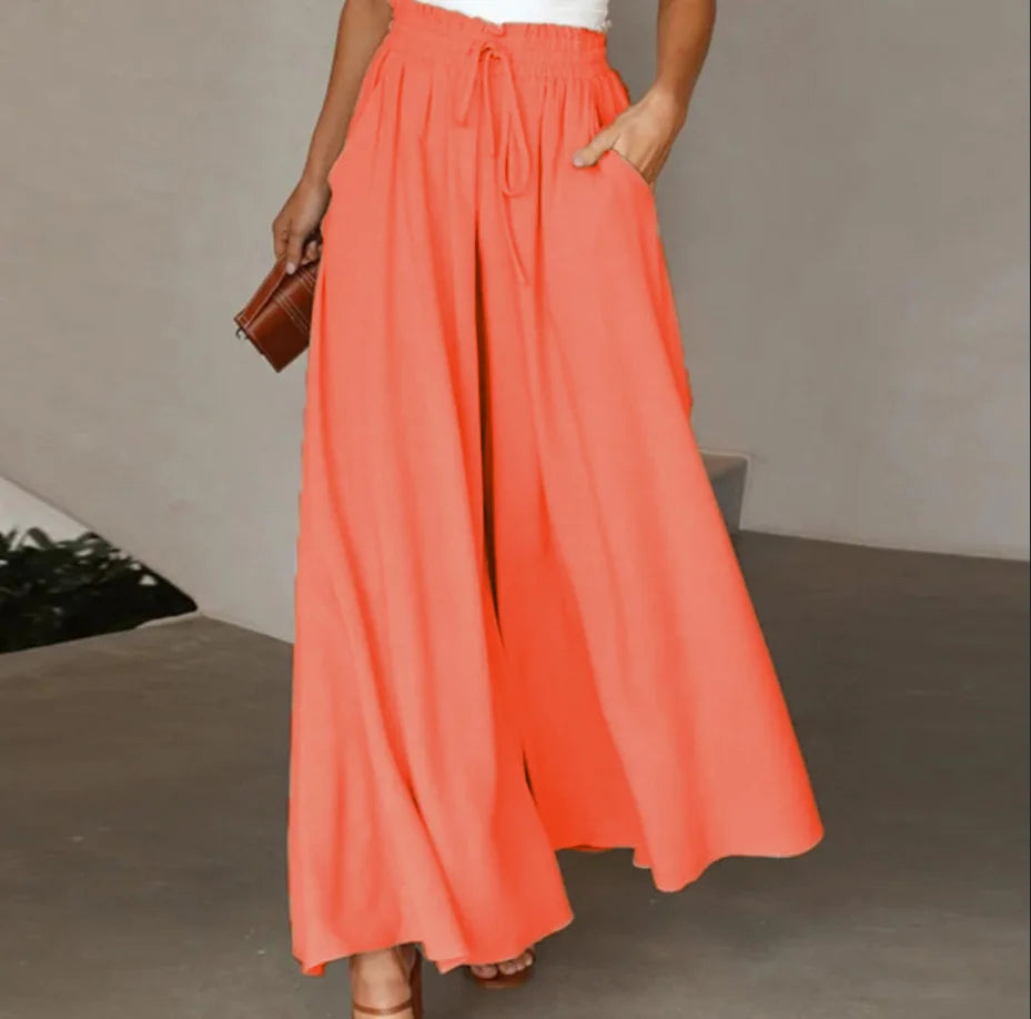 Summer Women's Wide Leg Pants With Elastic Waistband, Wide Leg High Waist Long Skirt Pants Casual Wide Leg Loose Pants