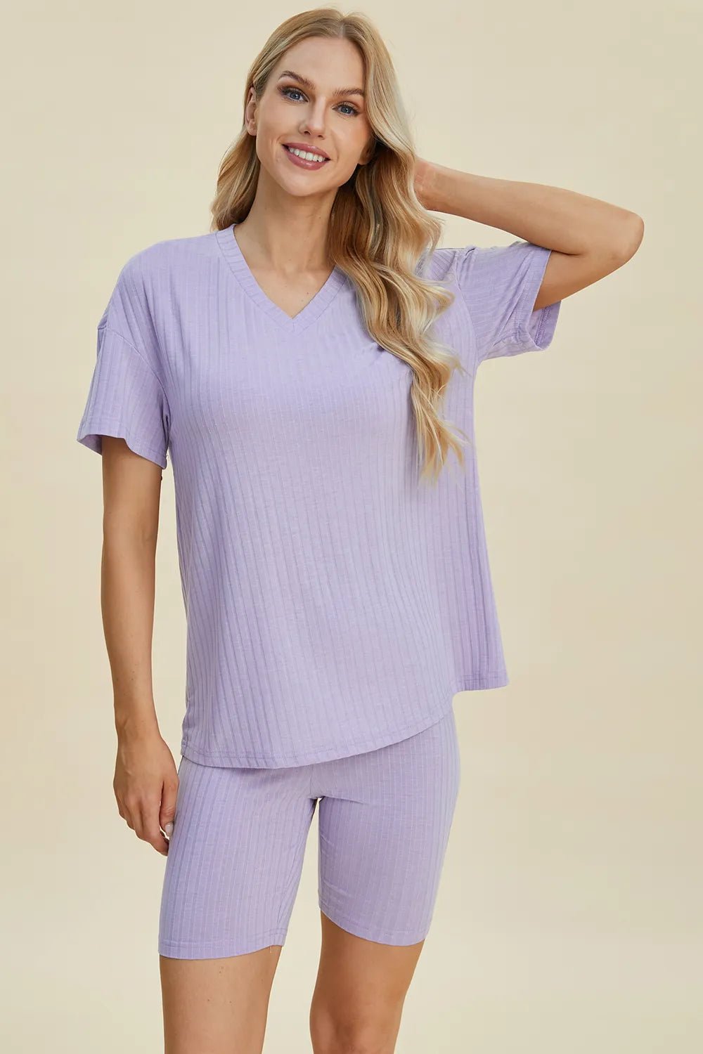 Basic Bae Full Size Ribbed V-Neck Shorts Sleeve Tops and Shorts Sets | Nikki &amp; Co. Boutique