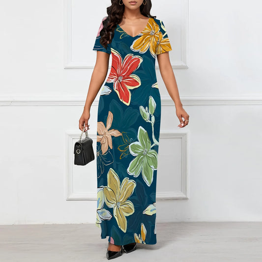 Women's Multicolor Floral Print Maxi Dress Short Sleeve V Neck Long Dress Casual Summer Beach Holiday Wear