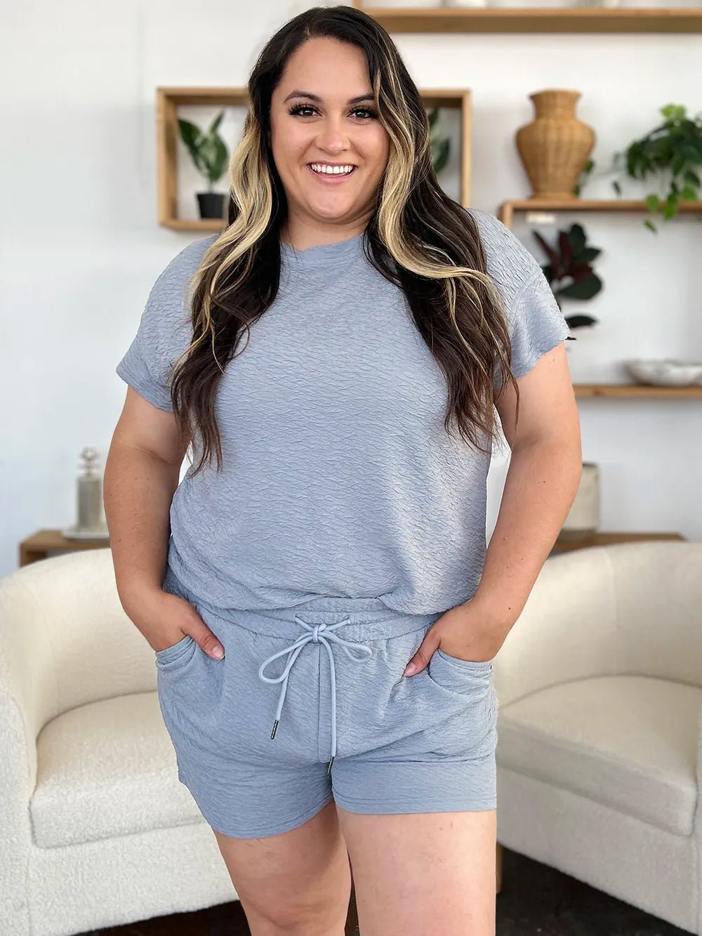 Double Take Full Size Texture Short Sleeve T-Shirt and Drawstring Shorts Set - Nikki &amp; Co. Boutique