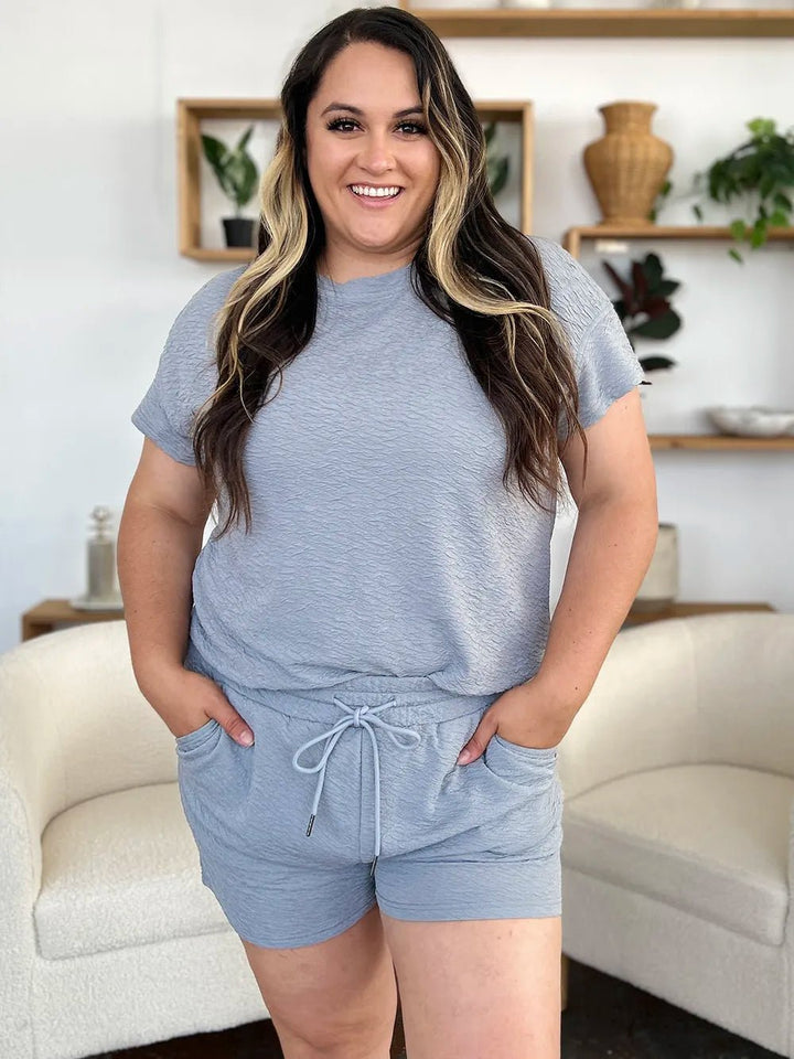 Double Take Full Size Texture Short Sleeve T-Shirt and Drawstring Shorts Set - Nikki &amp; Co. Boutique