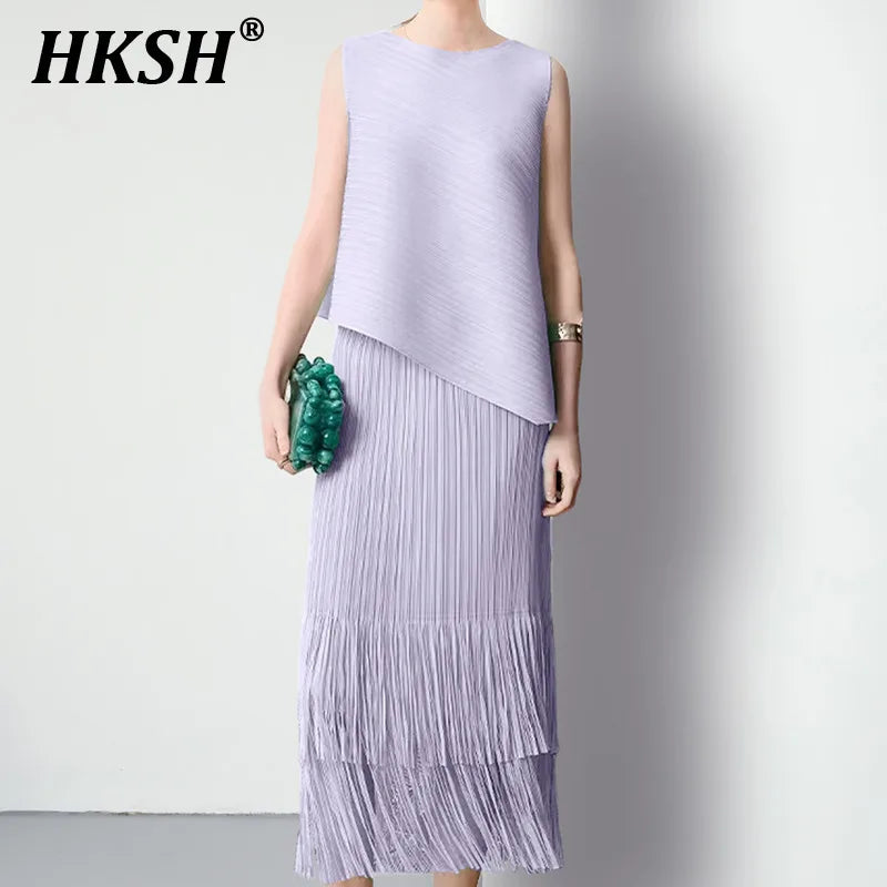 HKSH Spring Summer New Women Tide Young Style Y2K Contracted Fashion Ins Elegant Temperament Pleated Fabricevening Dress HK5086