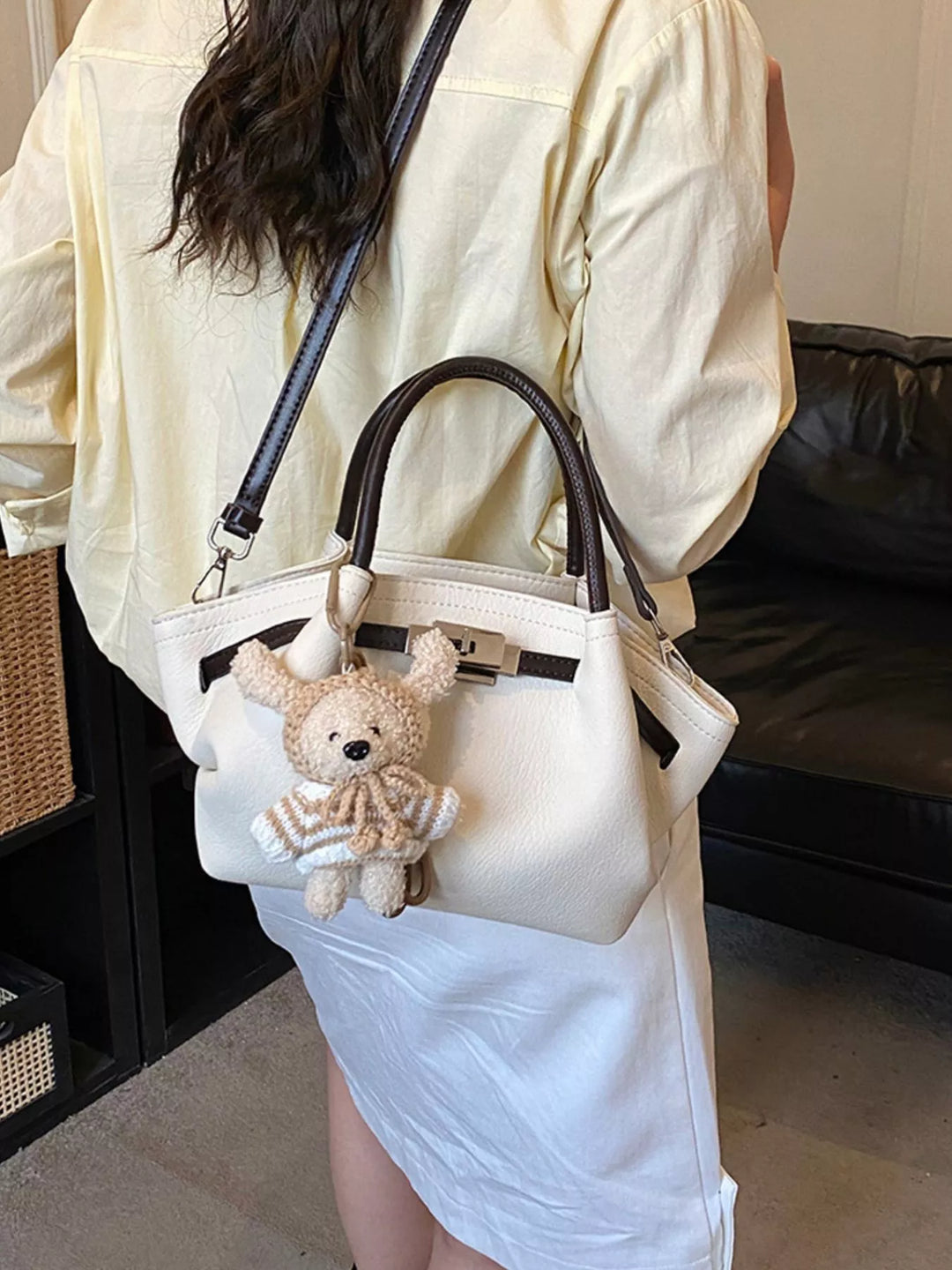 Buckle Decor Crossbody Bag with Bear Charm in Ivory - Nikki &amp; Co. Boutique