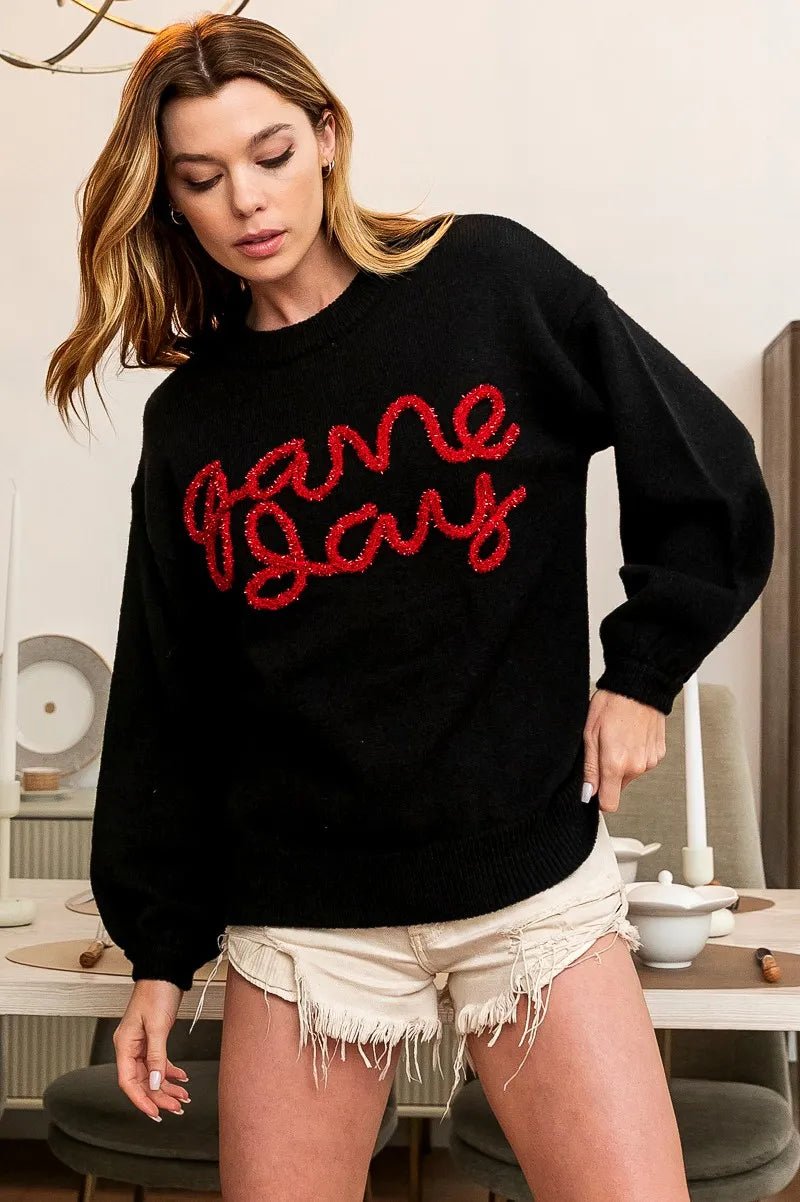 BiBi Game Day Metallic Letter Sweater | Black &amp; Red - Nikki &amp; Co. Boutique