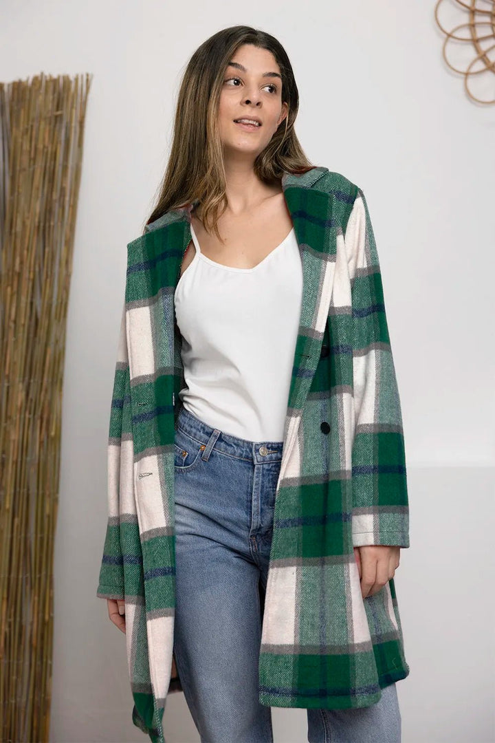Double Take Full Size Plaid Button Up Lapel Collar Coat - Nikki &amp; Co. Boutique