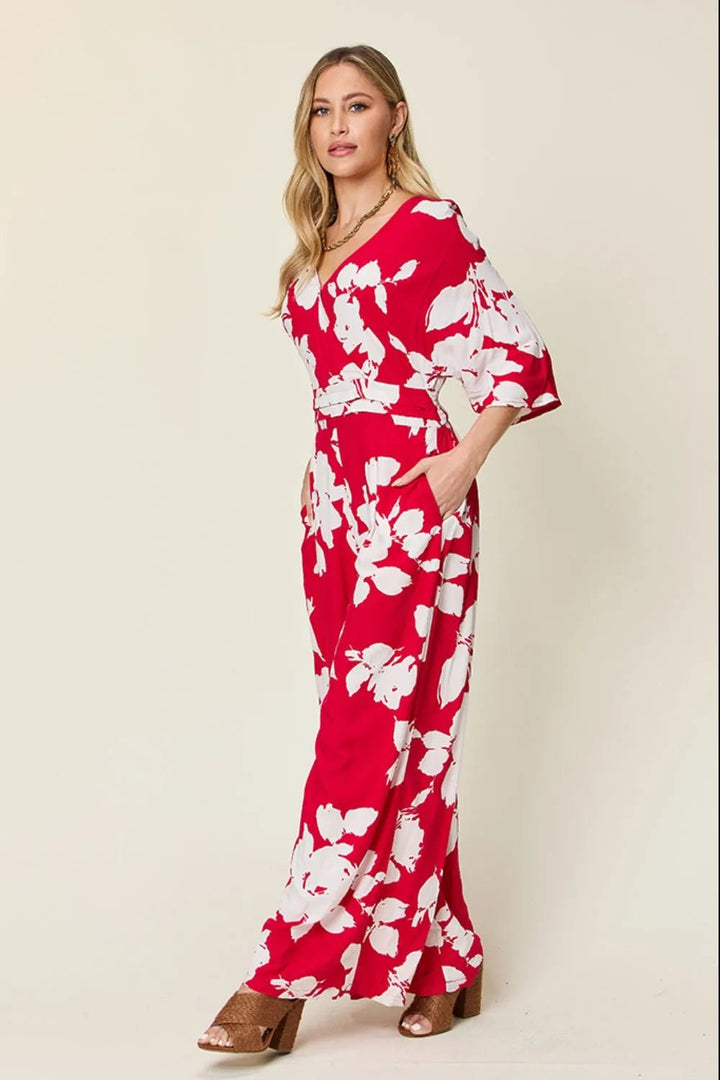 Double Take Full Size Printed Tie Back Wide Leg Jumpsuit | Nikki &amp; Co. Boutique