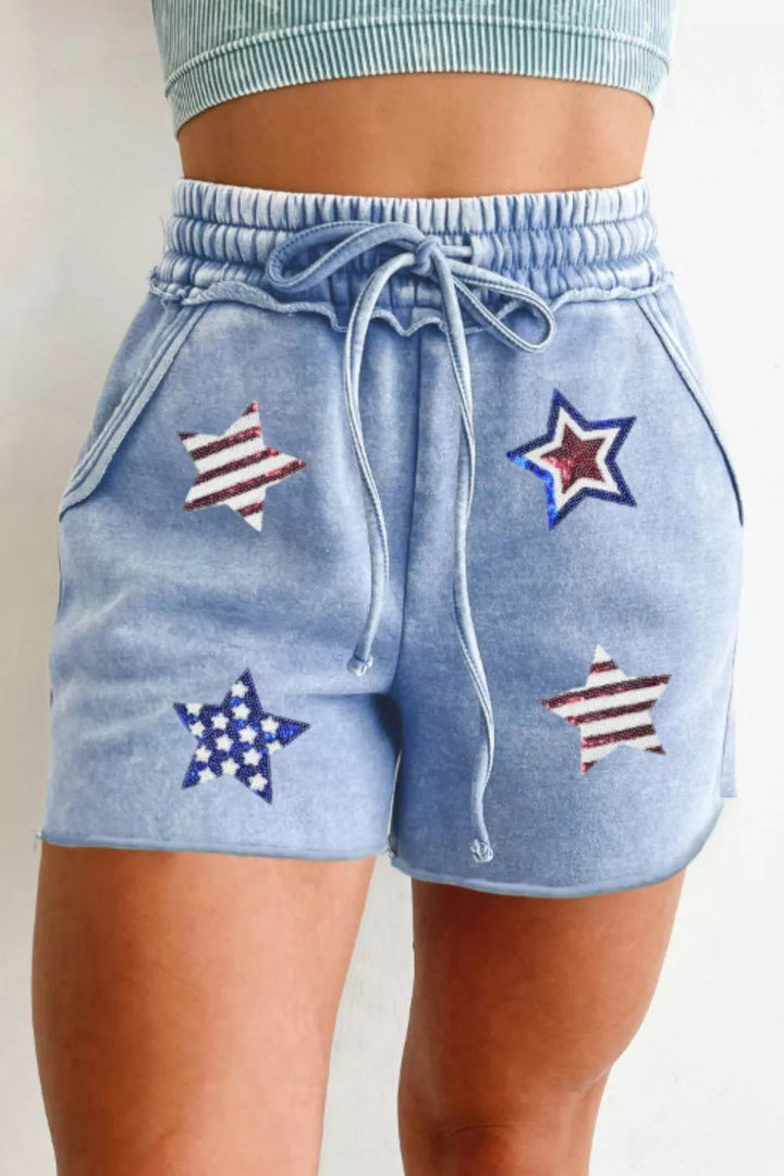 Star Drawstring Shorts in Light Blue - Nikki &amp; Co. Boutique
