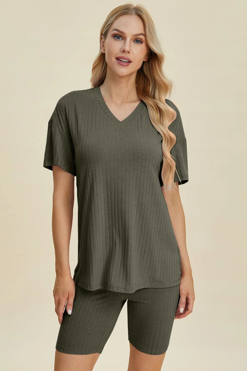 Basic Bae Full Size Ribbed V-Neck Shorts Sleeve Tops and Shorts Sets | Nikki &amp; Co. Boutique