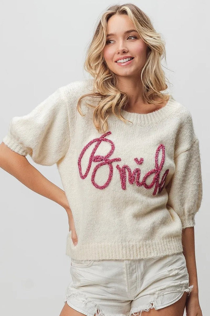 BiBi Metallic Letter Shorts Puff Sleeve Hairy Sweater | Nikki &amp; Co. Boutique