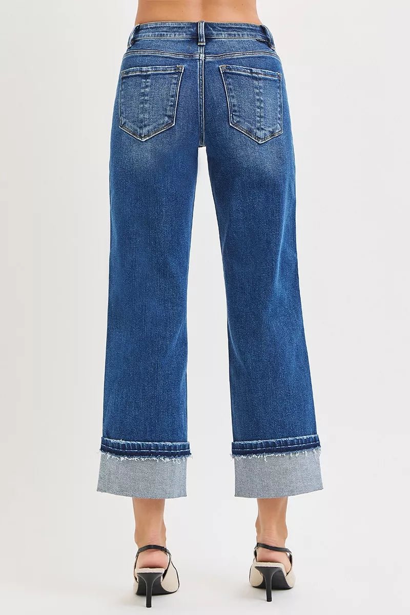 RISEN Mid Rise Ankle Straight Jeans with Cuffed Hem in Dark Wash - Nikki &amp; Co. Boutique