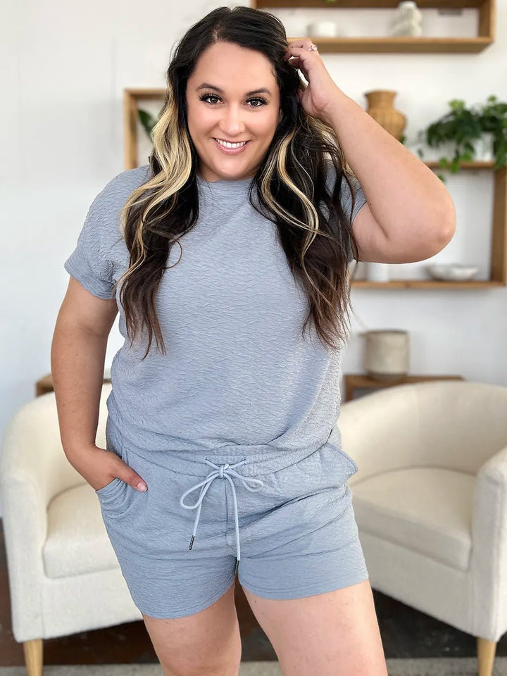 Double Take Full Size Texture Short Sleeve T-Shirt and Drawstring Shorts Set - Nikki &amp; Co. Boutique