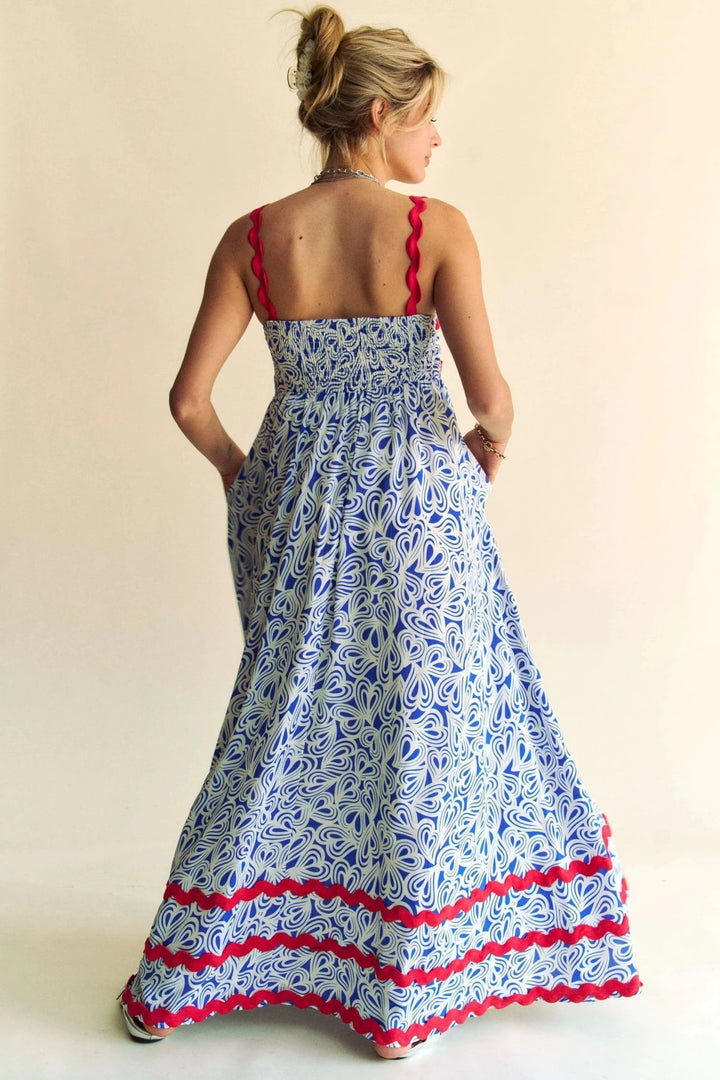 Davi &amp; Dani Contrast Velvet Tape Smocked Bodice Midi Dress in Cobalt Blue - Nikki &amp; Co. Boutique