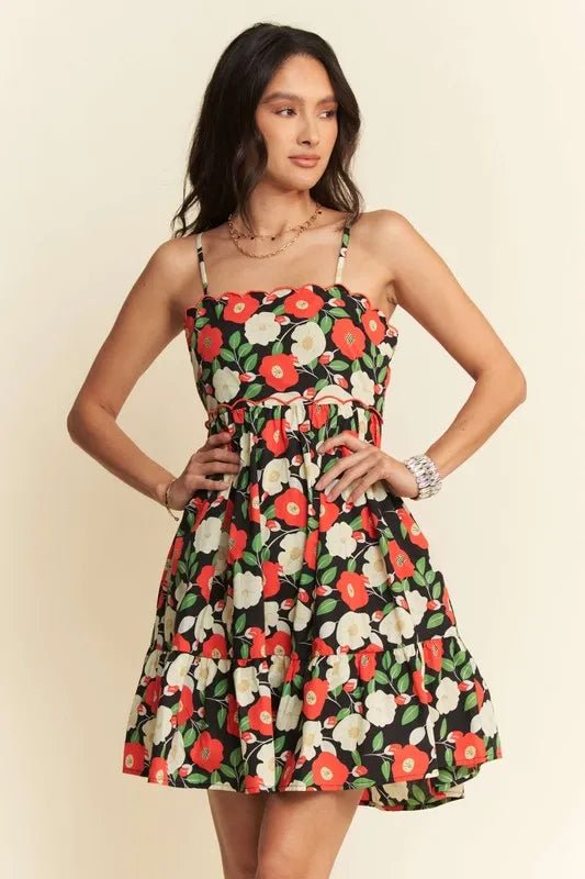Davi &amp; Dani Floral Scalloped Cutout Back Mini Dress in Black - Nikki &amp; Co. Boutique