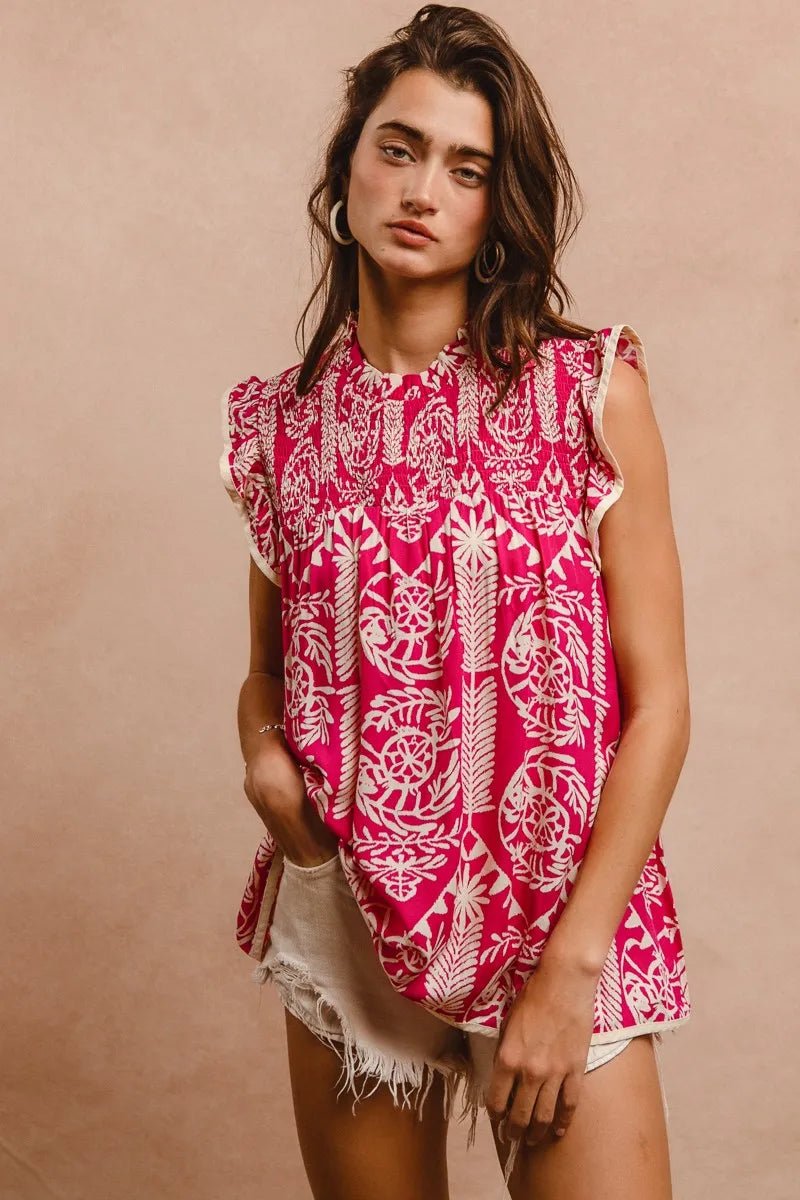 BiBi Printed Ruffle Sleeve Tops | Nikki &amp; Co. Boutique