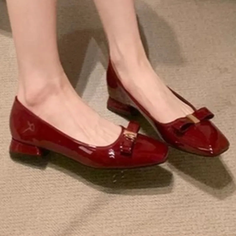 Women's Spring New Fashion Square Toe Designer Patent Leather High Heels Elegant Dress Party Bow Low Top Shoes  35--40  Size