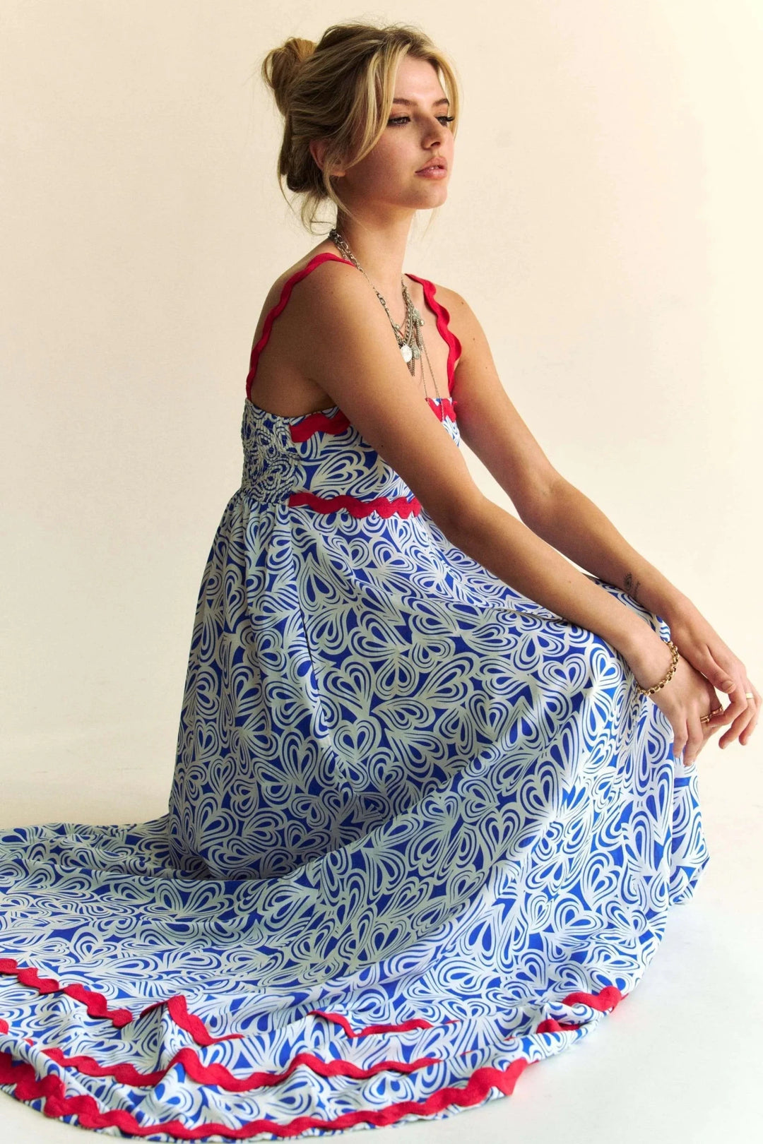 Davi &amp; Dani Contrast Velvet Tape Smocked Bodice Midi Dress in Cobalt Blue - Nikki &amp; Co. Boutique