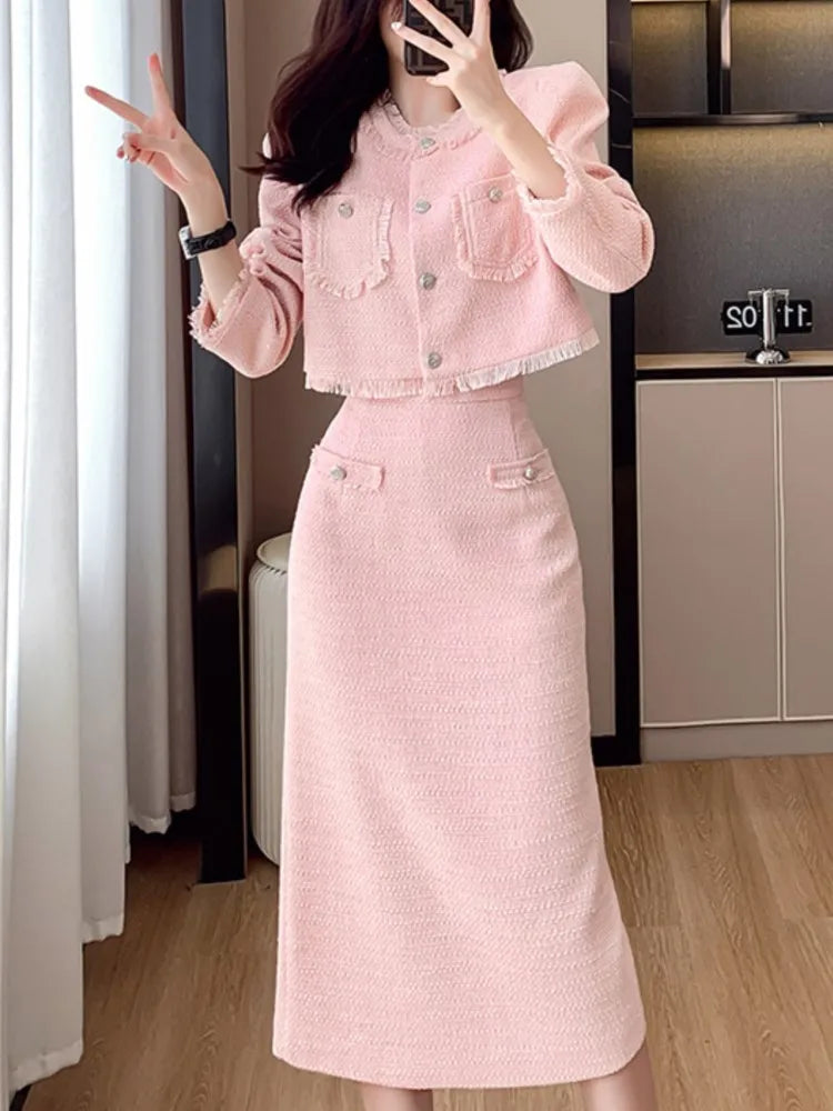 French Elegant Women Pink 2 Pieces Set Autumn Tassel Long Sleeve Coat A-line Chic Midi Skirt Spring Y2k Lady Dress Suits