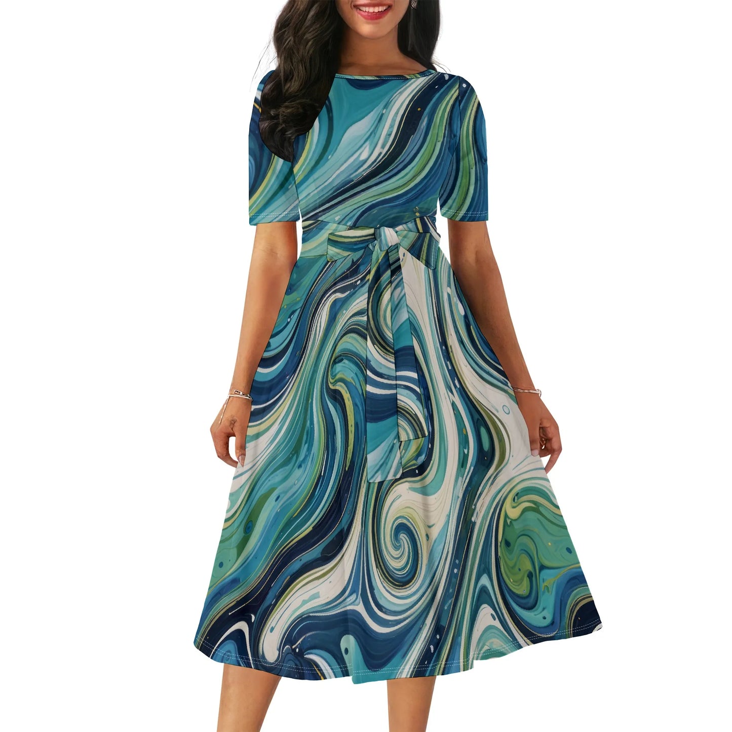 Women's Boatneck Vintage Cocktail Party Dress with Puff Sleeves