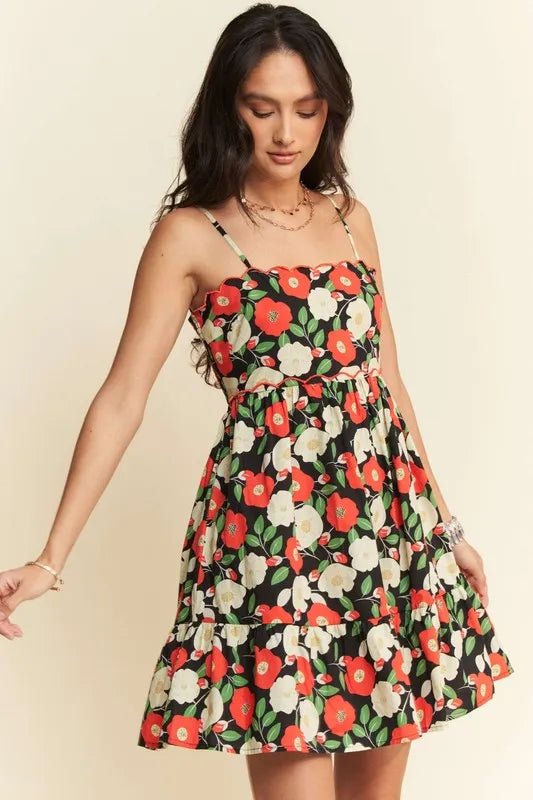 Davi &amp; Dani Floral Scalloped Cutout Back Mini Dress in Black - Nikki &amp; Co. Boutique