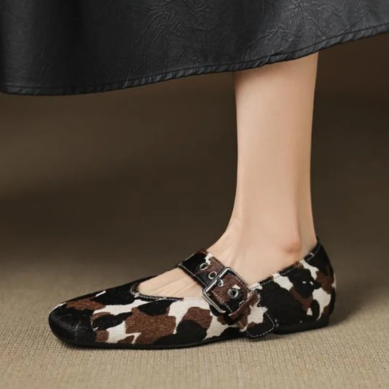 Leopard Pattern Shoes for Ladies Square Toes Flat Heels Front Strap Female Ballets Sewing Lines Womens Shallow Chassure Femme