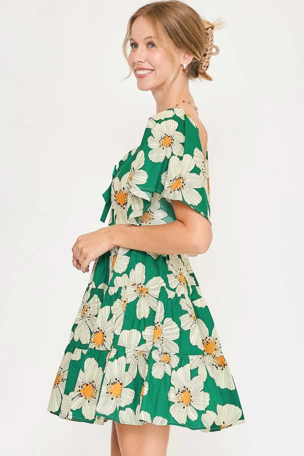 Umgee Full Size Daisy Print Mini Dress with Ribbon Details Plus Size - Nikki &amp; Co. Boutique