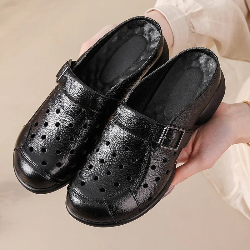 New Cow leather low heel sandals women's hollow out mules shoes woman buckle strap slipper sandals ladies elegant slip on shoes