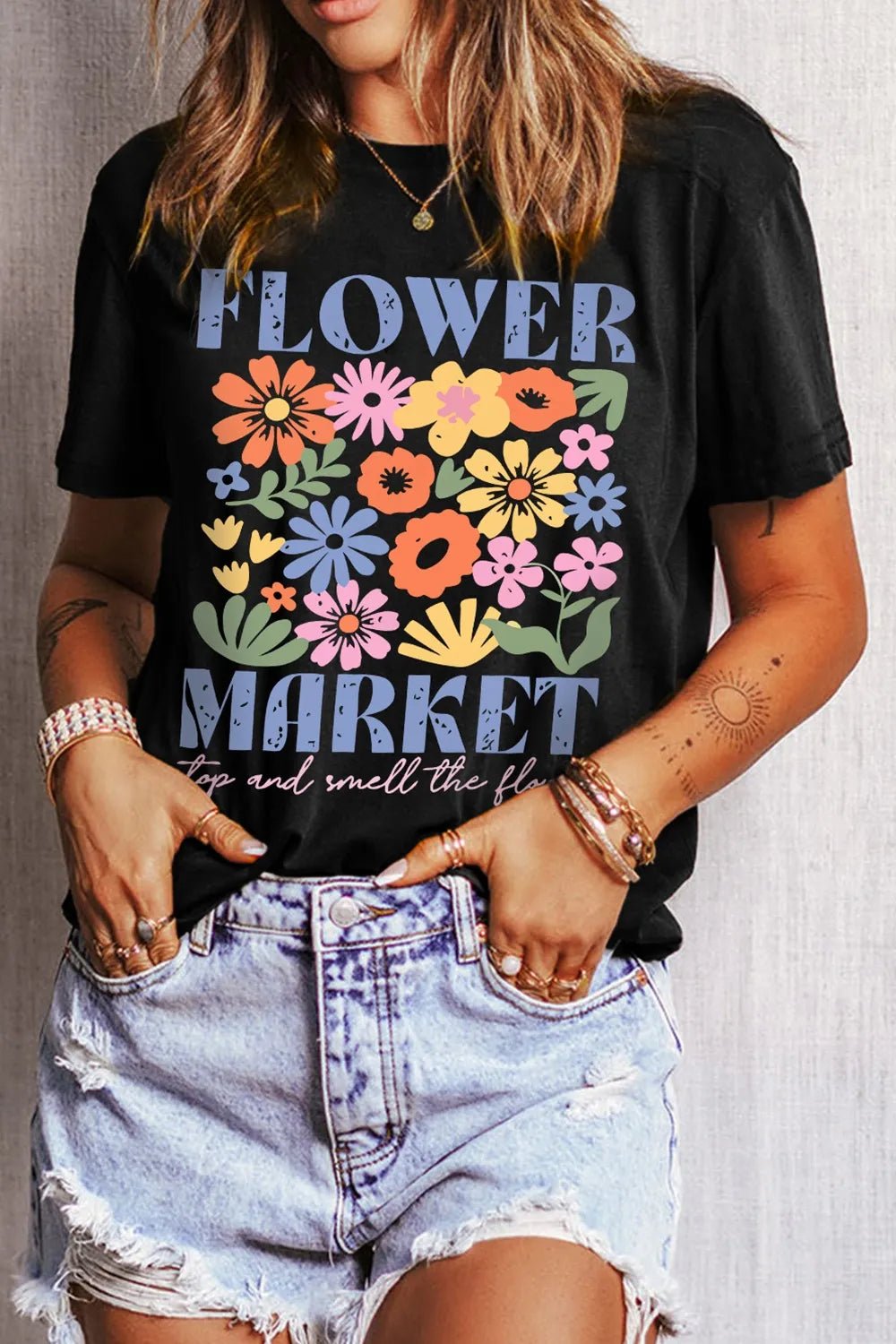 Flower Market Graphic Round Neck T-Shirt | Nikki &amp; Co. Boutique