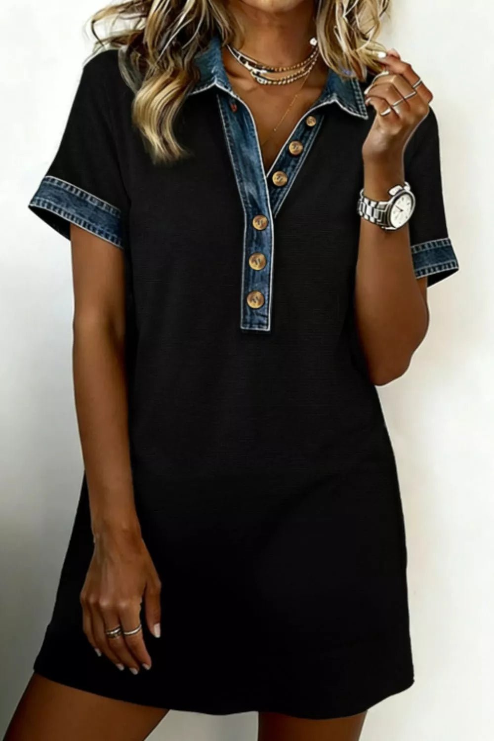 Casual Denim Trim Button - Down Mini Dress in Black - Nikki &amp; Co. Boutique