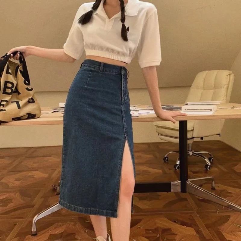 Retro High Waist Slim Fit Denim Skirt Women plus Size Mid-Length Bodycon Skirt