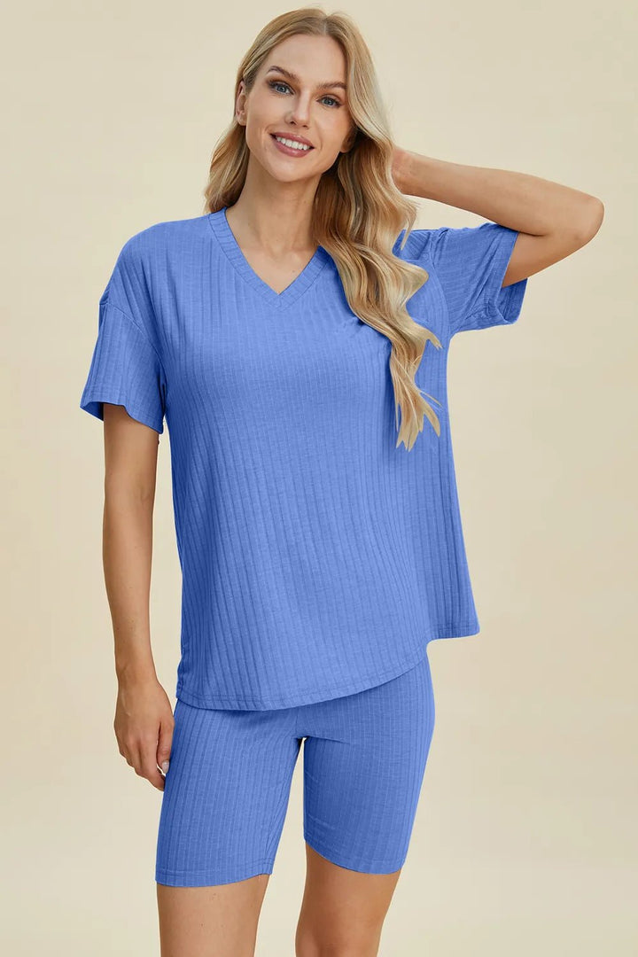 Basic Bae Full Size Ribbed V-Neck Shorts Sleeve Tops and Shorts Sets | Nikki &amp; Co. Boutique