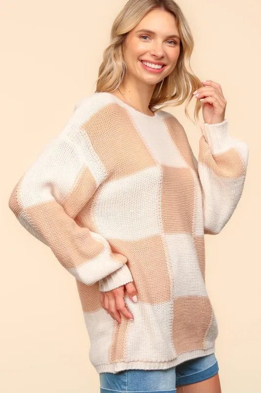 Haptics Full Size Checkered Round Neck Drop Shoulder Sweater - Nikki &amp; Co. Boutique