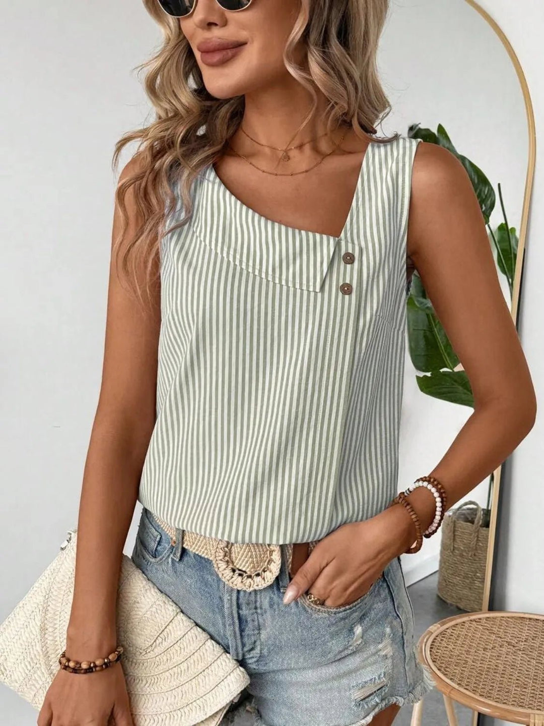 Decorative Button Asymmetrical Striped Tank - Nikki &amp; Co. Boutique