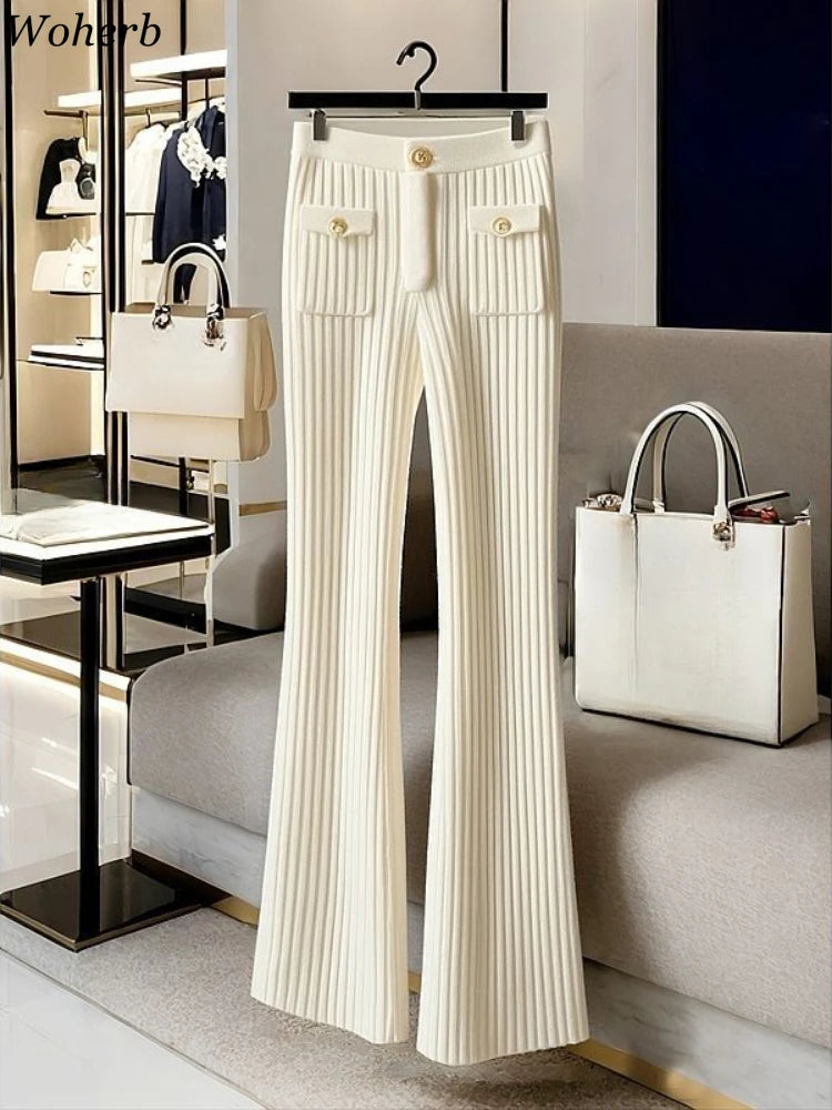 New Bottoms Fashion Flare Pants for Women High Waist Slim Fit Knitted Trousers Korean Casual Pantalon Femme Y2k Clothing