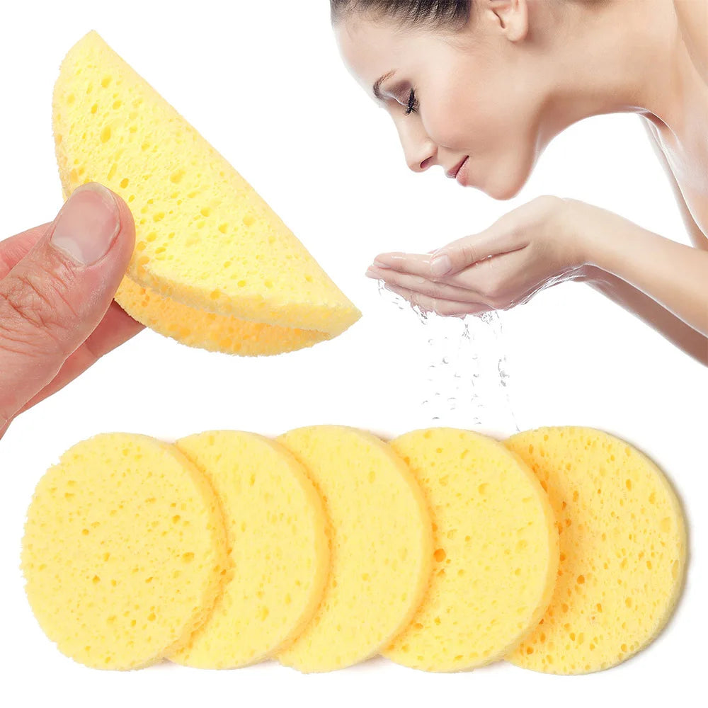 10 pcs 6-9cm Yellow Face Round Makeup Remover Tool, Wood Sponge Cellulose Cosmetic Puff, Cleansing Sponge, Facial Washing Sponge