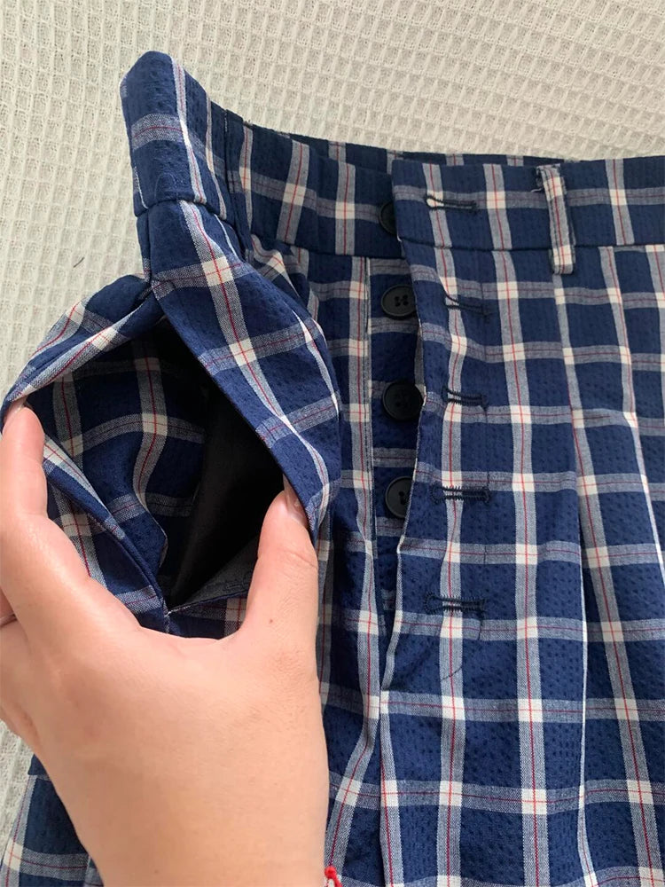 Retro Plaid Casual Pants For Women Chic High Waisted Loose Straight Leg Trousers New Versatile Breasted Floor Length Pants