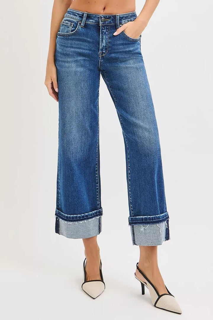 RISEN Mid Rise Ankle Straight Jeans with Cuffed Hem in Dark Wash - Nikki &amp; Co. Boutique