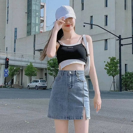 Short Female Jeans Skirts Blue with Slit High Waist Women's Denim Skirt Clothing Sales Casual Harajuku Cheap Aesthetic New In