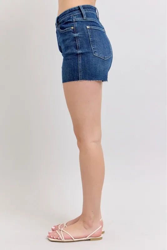 Judy Blue Full Size High Waist Criss - Cross Waistband Denim Shorts in Dark Wash - Nikki &amp; Co. Boutique
