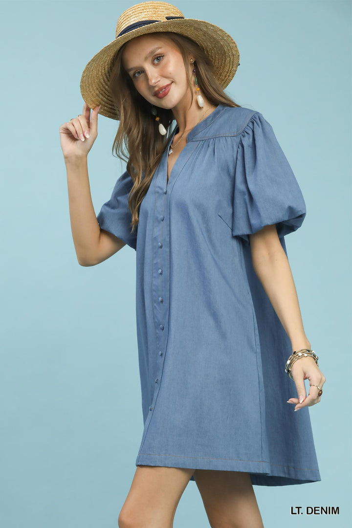 Umgee Chambray Puff Sleeve Dress in Light Denim - Nikki &amp; Co. Boutique
