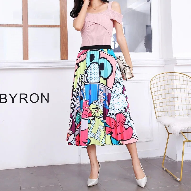 Cartoon Print Pleated Women Long Skirts High Waist A-Line Elastic Blue Pink Skirt For Ladies Summer Casual Female Bottoms Skirts