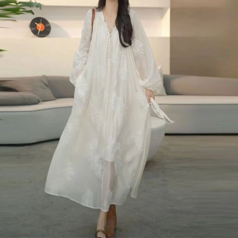 Elegant Flower Embroidery White Maxi Dress Women Stylish Button Lantern Long Sleeve Lace Up Dress Casual Loose Holiday Vestido