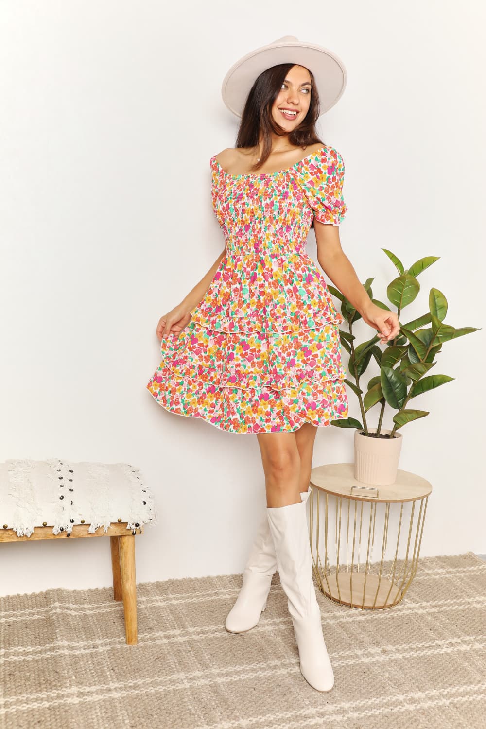 Devine Smocked Sweetheart Neck Flounce Sleeve Mini Dress in Strawberry - Nikki &amp; Co. Boutique