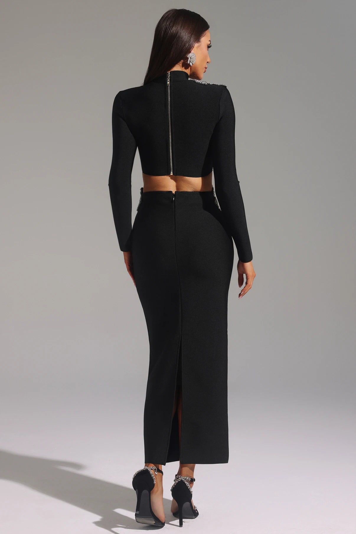 Ulama Choker Long Sleeve Diamond Flowers Bandage Maxi Two-Piece Set